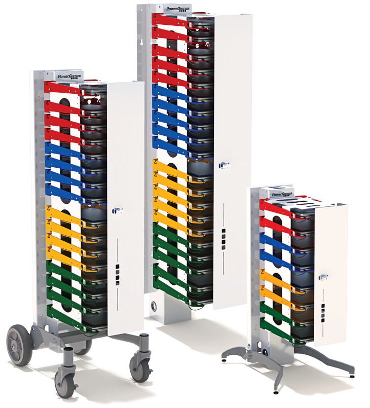 image contains 3 Powergistics charging Towers for laptops, tablets and Chromebooks. A Mobile Tower16, a wall mounted Tower20 and a free-standing Tower8.