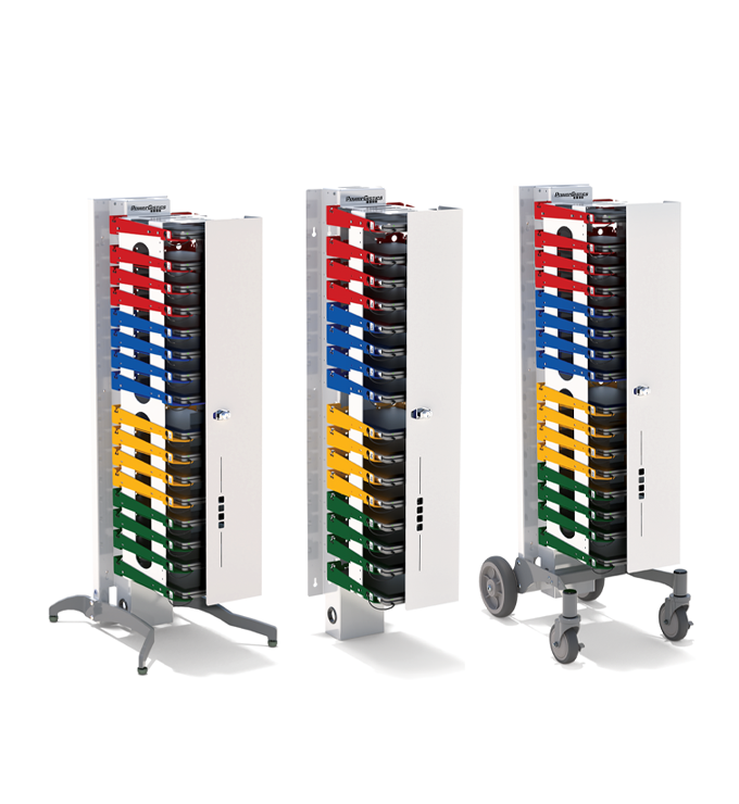 Three storage and charging towers with antimicrobial paint. Free standing, wall mounted, mobile. 