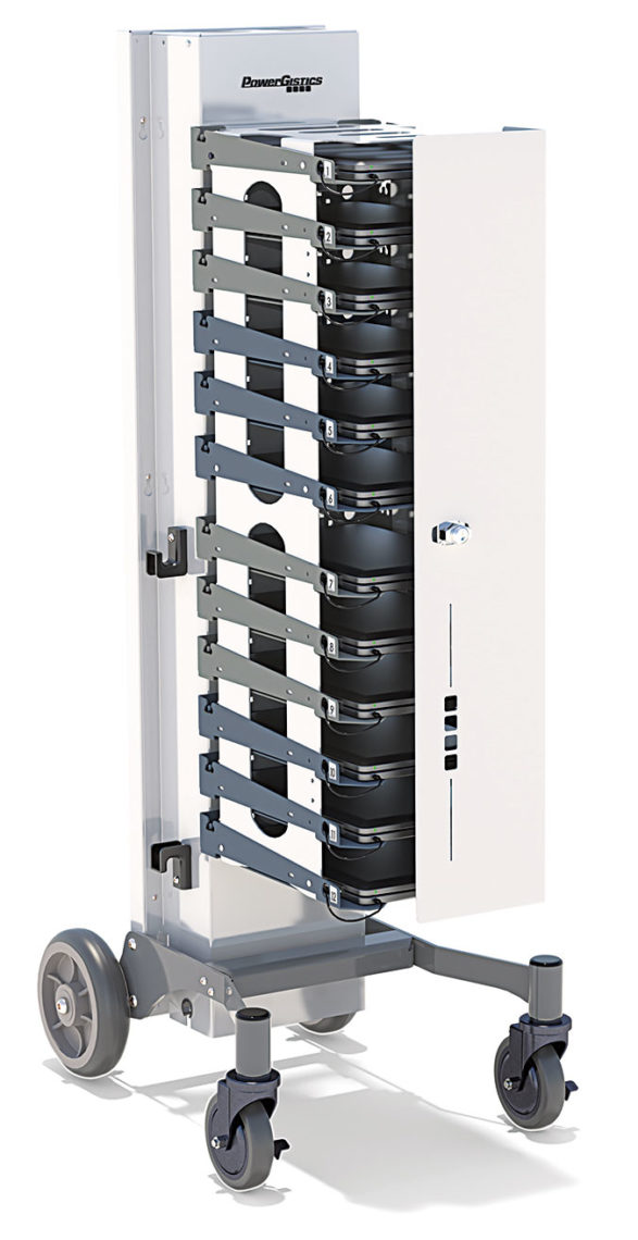 PowerGistics MobileX12 Tower with 12 shelves to store healthcare technology devices mobile on wheels