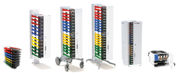 Image contains PowerGistics charging stations for Chromebooks, tablets and ipads. 6 vertical charging stations are lined up in colors of red, blue, yellow and green and gray.