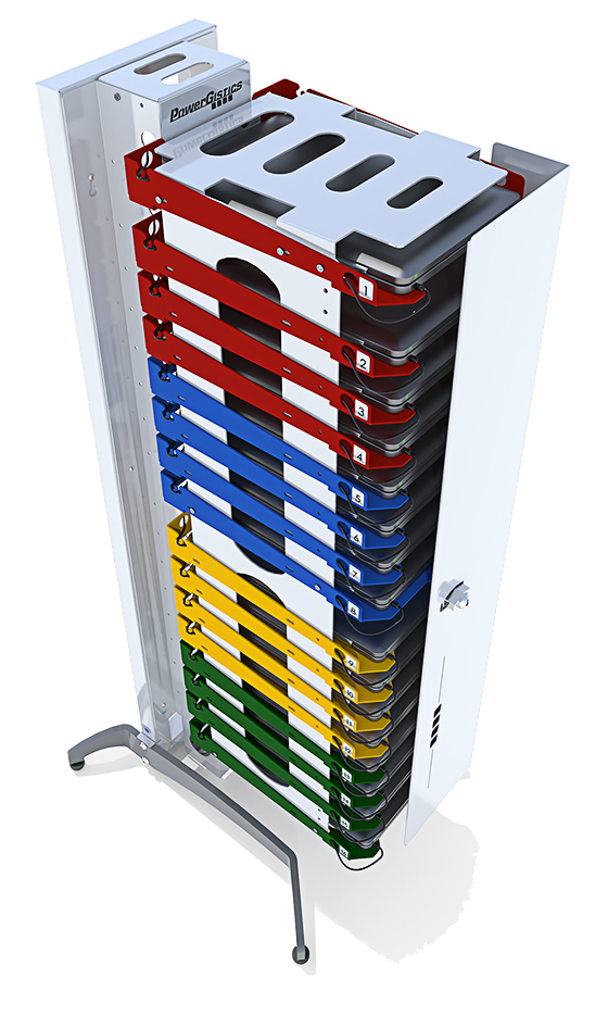 Image shows PowerGistics Core16 charging station on a stand