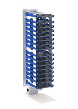 Image shows PowerGistics charging station with blue shelves