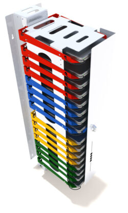 Image shows PowerGistics Core16 charging tower with 16 shelves in four colors. 