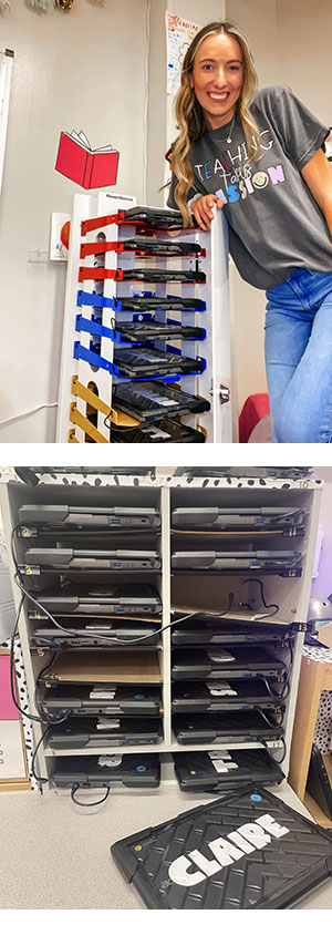 Image shows teacher next to PowerGistics charging station and messy old device charging station