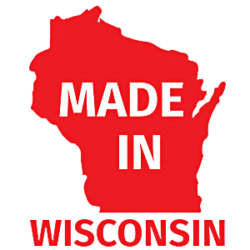 Image shows red state of Wisconsin shape. Text reads made in Wisconsin