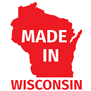 Image shows red state of Wisconsin shape. Text reads made in Wisconsin