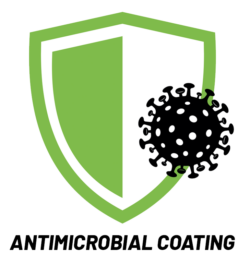 Image shows a shield and germ, text contains Antimicrobial Coating