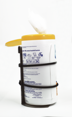 Image shows PowerGistics cleaning caddy with wipes canister