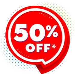 Text contains 50% Off*. Image shows text in red word bubble