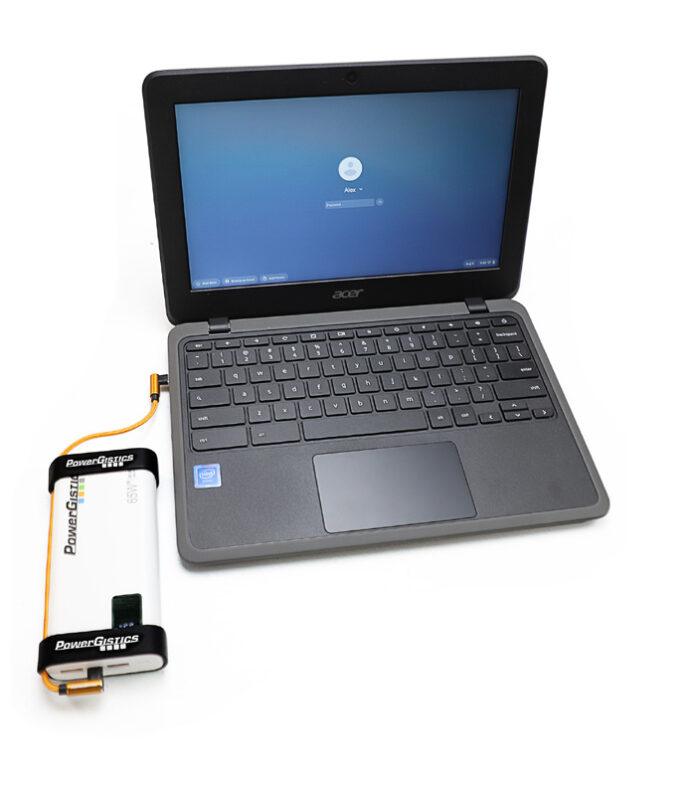 Image shows open Chromebook with PowerGistics power bank connected to it