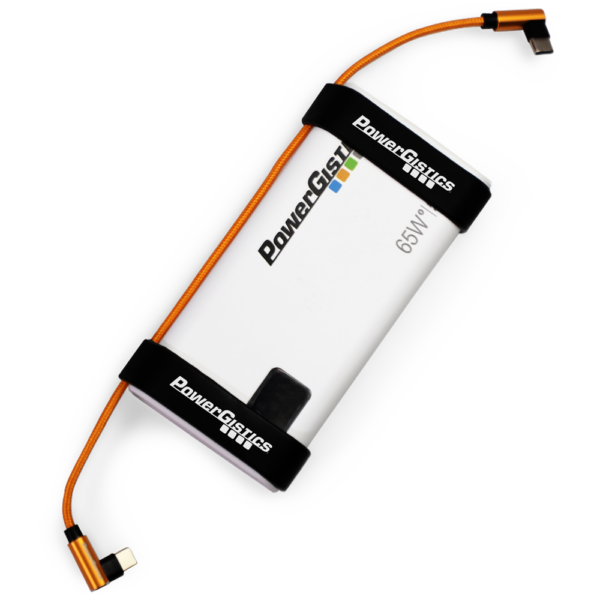 Image shows PowerGistics power bank with black straps on ends holding an orange charging cord