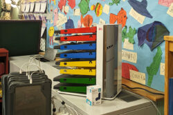 Image shows PowerGistics TableTower8 side charging station in classroom