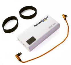 Image shows PowerGistics power bank, silicone bands and orange cord