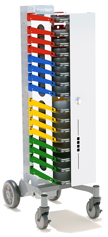 Image shows Powergistics 16 shelf vertical charging station on a roller