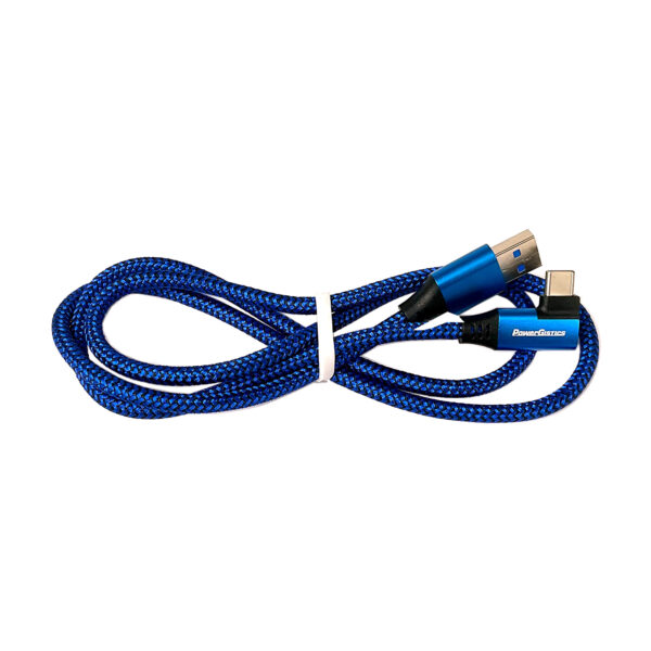 Image shows blue charging cable with PowerGistics written on end